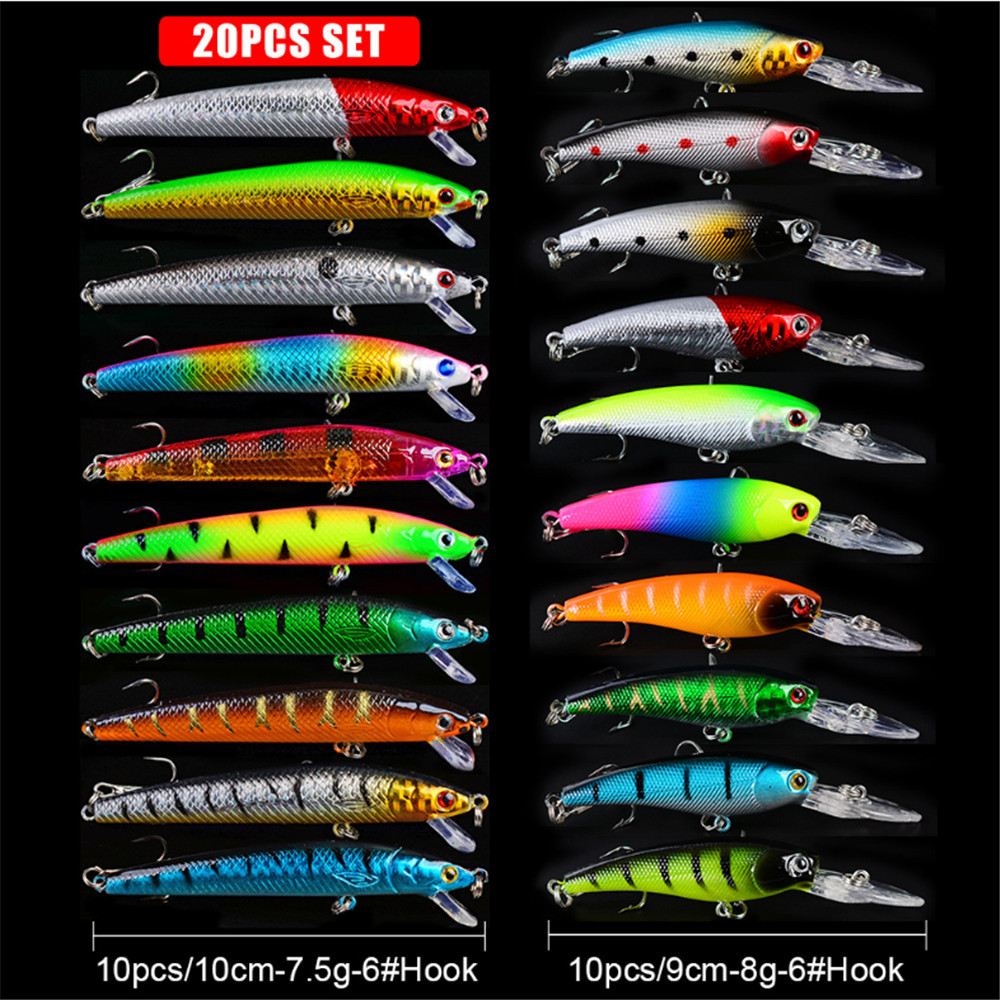 20ピース/ロットミノー釣りルアーセットバスフレッシュ塩水フ - Fishing Lure Topwater のレビューと価格